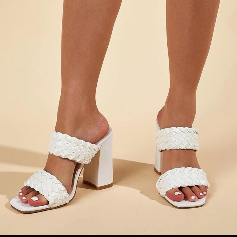 SHEIN White Braided Banded Slide Chunky Heel Mule Sandals Size 6
